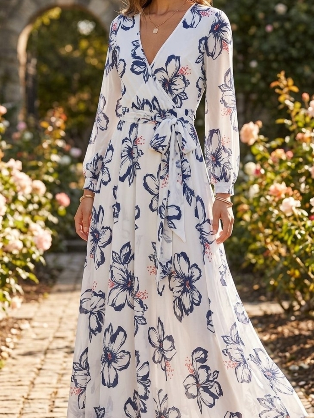 Ark & Co White Wrap Maxi Dress with Navy Floral Print